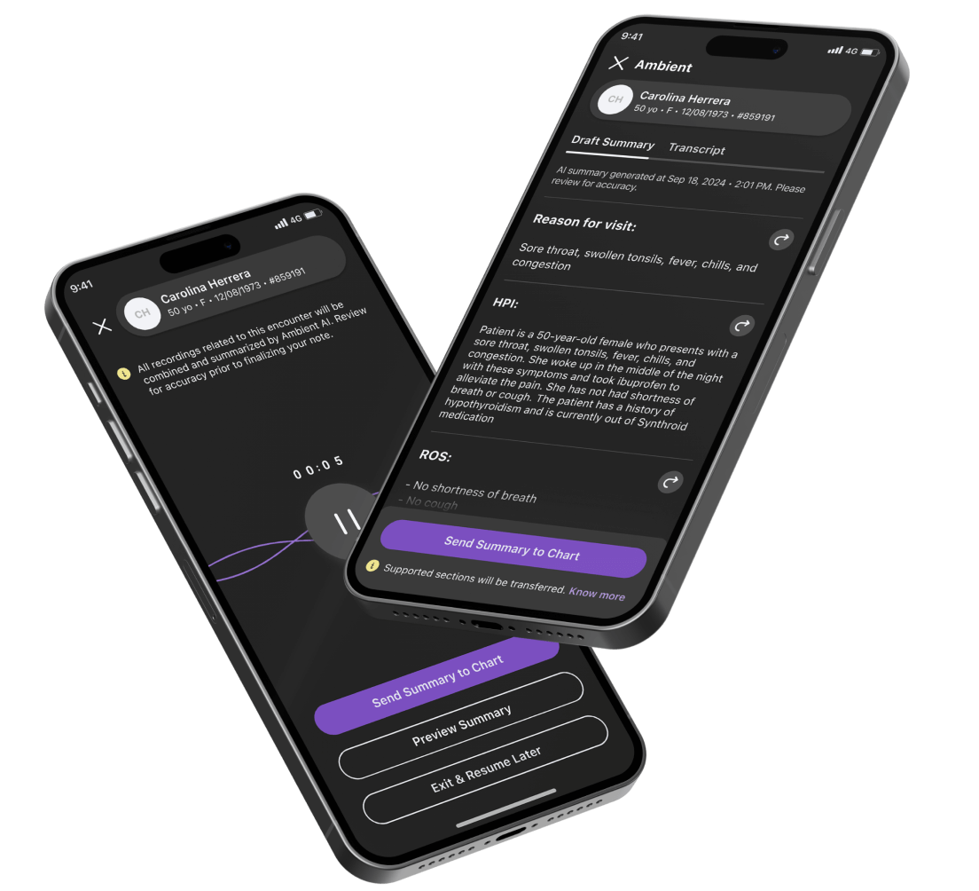 ambient notes, athenahealths AI medical scribe, shown on iphone