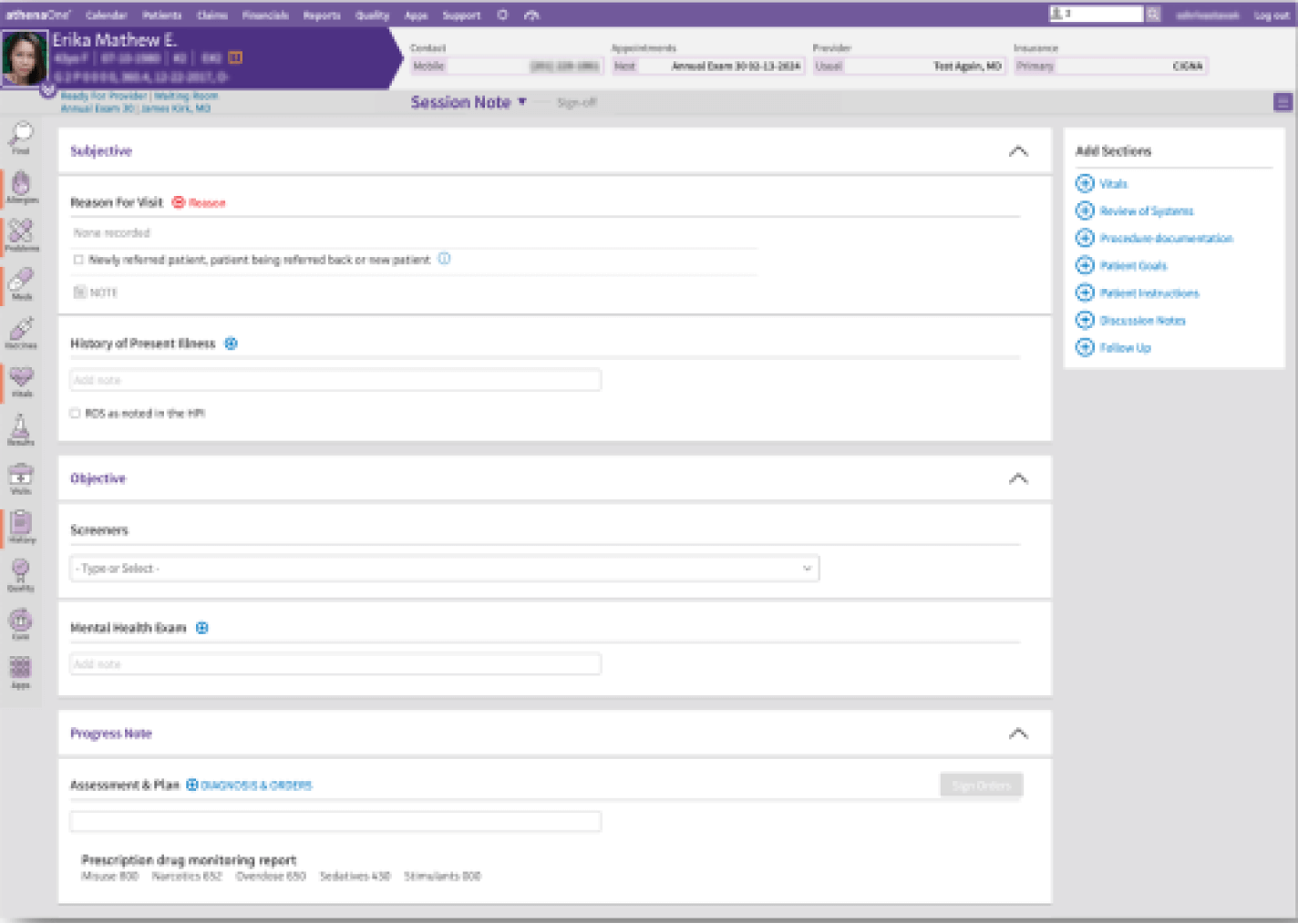 athenaOne for Behavioral Health encounter layout