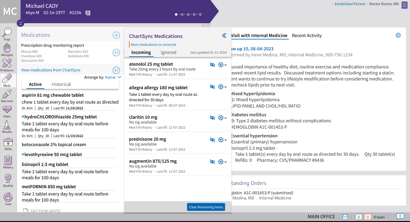 Chartsync medications view of the platform